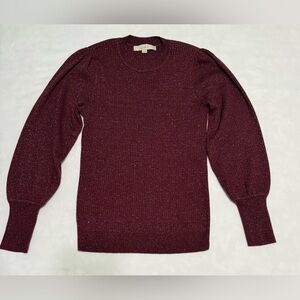 LOFT Burgundy Crewneck Sweater with Puff Sleeves